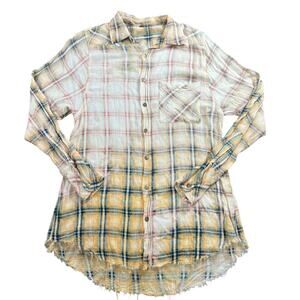 FP One Free People Plaid Raw Hem Button Up Shirt Oversized Boho Distressed Top M